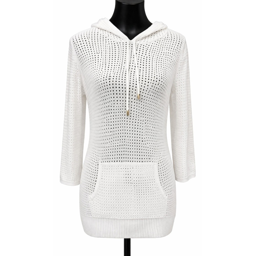 Christopher & Banks Womens Swimsuit Cover Up Attached Hood Medium White Knit
